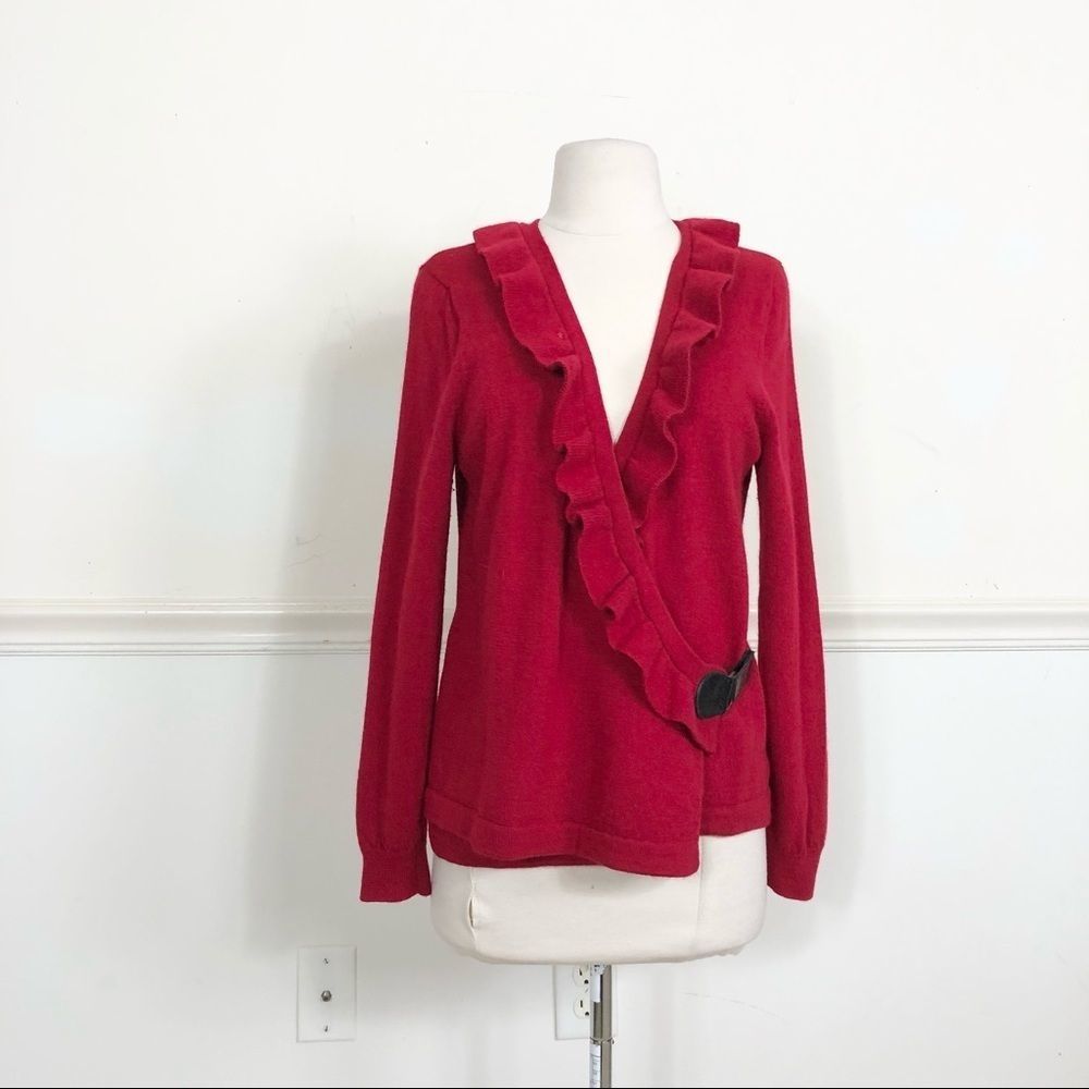 100% Wool Ruffled Cardigan sweater Large FRM